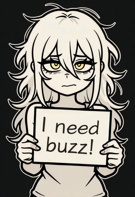 masterpiece, best quality, amazing quality, very aesthetic, absurdres, newest, 1girl, solo, looking at viewer, long hair, messy hair, messy bangs, simple background, white tank top, yellow eyes, hair between eyes, monochrome, shadow, black background, portrait, cofanl style, outline, white outline, need_buzz, holding sign