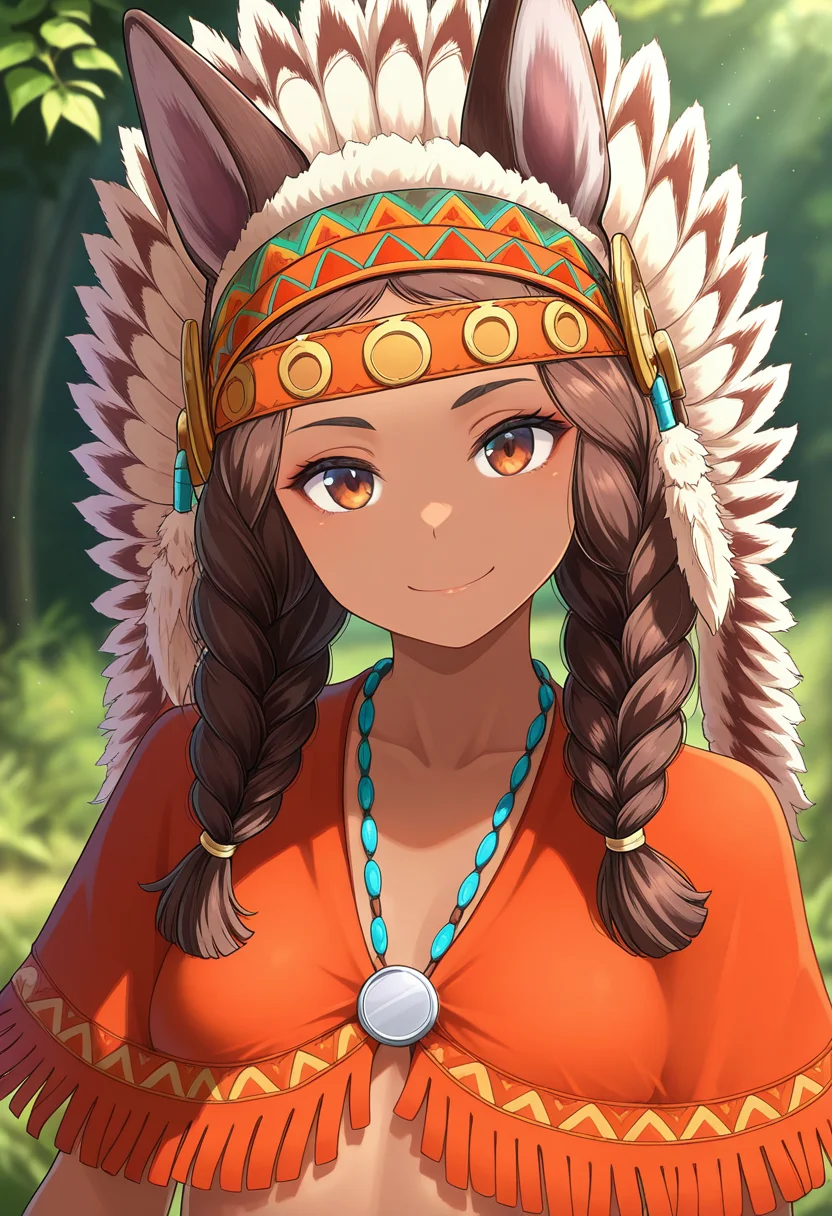 masterpiece, best quality, amazing quality, 1girl, solo, (portrait:1.2), ordiyww, dark skin, dark-skinned female, brown eyes, brown hair, long hair, twin braids, headband, animal ears, short tail, small breasts, tribal, headdress, fringe trim, feathers, revealing clothes, capelet, jewelry, necklace, looking at viewer, smile, outdoors, day, skindentation, detailed clothing folds, depth of field, sharp, high contrast, dynamic light <lora:Ordiy_Ordiy_no_Mori_v20:0.9>