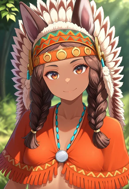 masterpiece, best quality, amazing quality, 1girl, solo, (portrait:1.2), ordiyww, dark skin, dark-skinned female, brown eyes, brown hair, long hair, twin braids, headband, animal ears, short tail, small breasts, tribal, headdress, fringe trim, feathers, revealing clothes, capelet, jewelry, necklace, looking at viewer, smile, outdoors, day, skindentation, detailed clothing folds, depth of field, sharp, high contrast, dynamic light <lora:Ordiy_Ordiy_no_Mori_v20:0.9>
