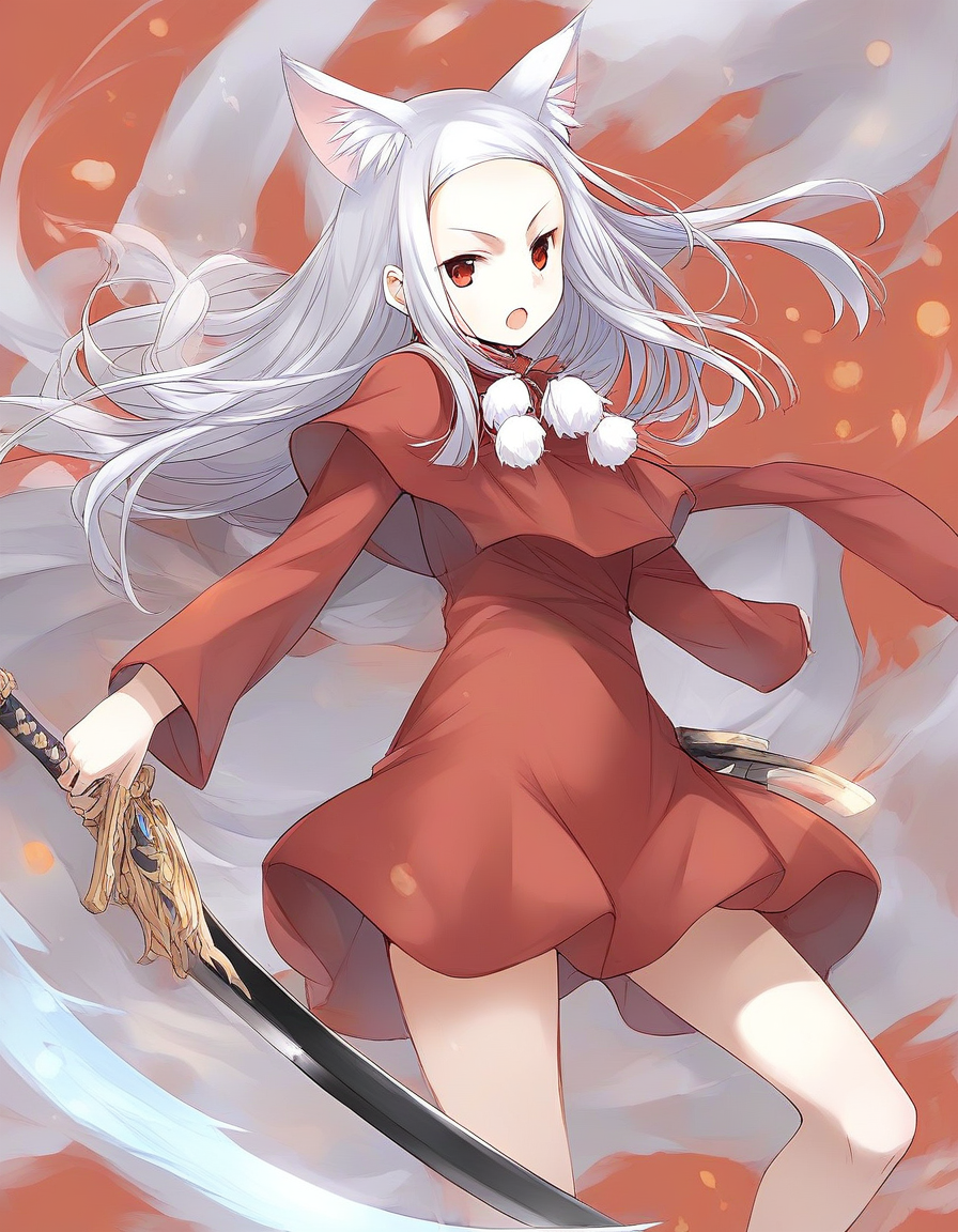 score_9, score_8_up, score_7_up, source_anime, rating_explicit, BREAK  <lora:Belfraw_Martini_Ver2.0_XL:1>  Belfraw_Martini, 1girl, solo, silver hair, open mouth, animal ears, dress, red dress, pom pom (clothes), looking at viewer, weapon, long sleeves, sword, red eyes,