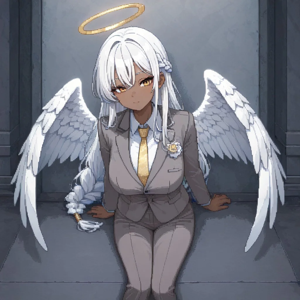 masterpiece, best quality, newest, absurdres, highres, PCSVIL-V1.0, pixel art, 1girl, dark skin, dark-skinned female, grey suit, suit official attire, official clothes, nectie, yellow necktie, white hair, long hair, braid, single braid, angel, angel girl, halo, wings, angel wings,