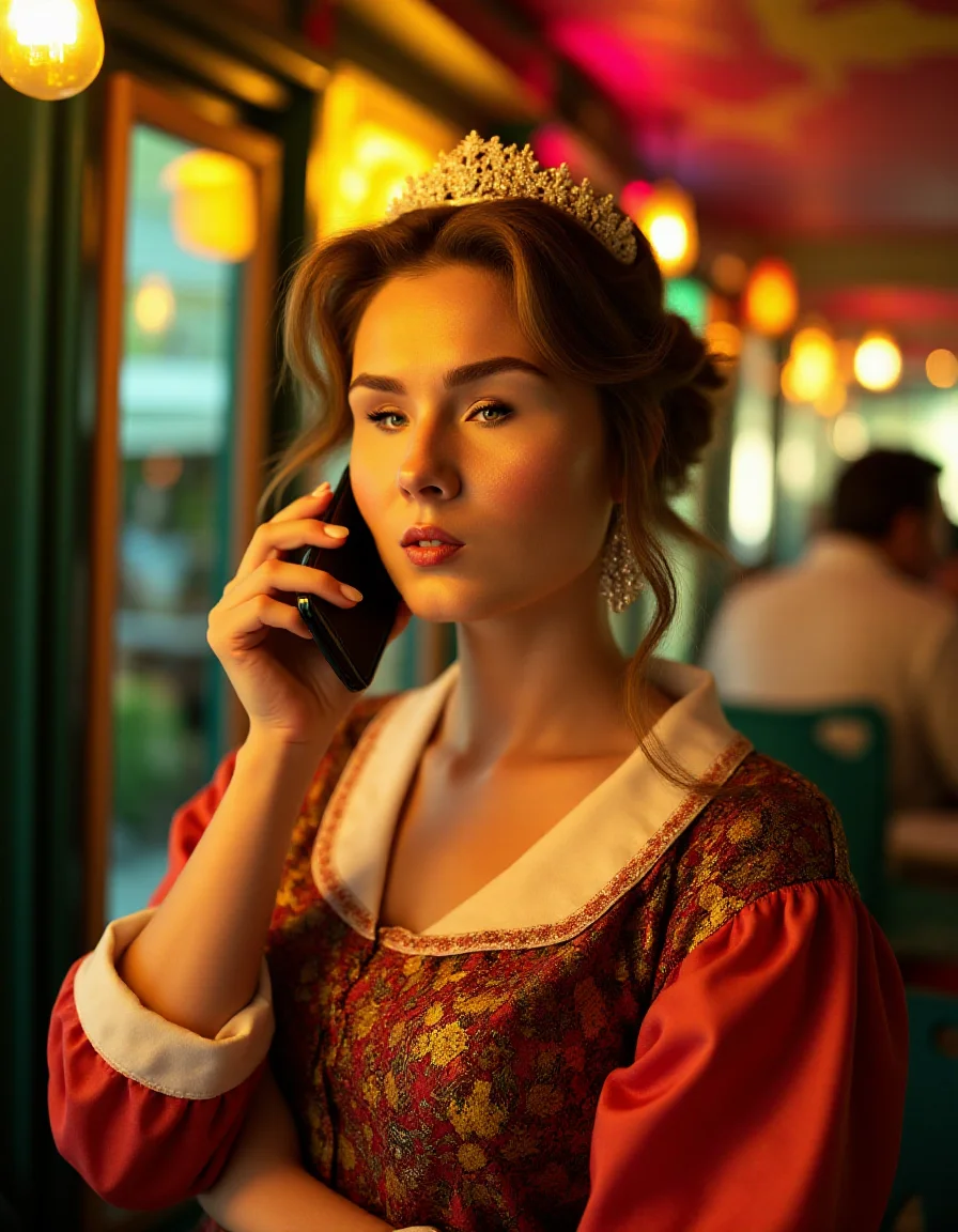 64 year old Tudor ral-smlfcs, she is Serious, she has a Unexpected Cellphone, Sunny, Very wide view, Movie still, Happy, Neon Light, Saturated, Paint splotches, freckles, joyful, <lora:ral-smlfcs-flux-000010:1>, dynamic cinematic perfect background, ambient atmosphere, beautiful composition, magic atmosphere, cinematic light, grand illumination