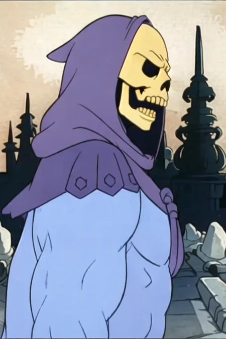 skeletor, from_side, upper_body, open_mouth, solo, castle