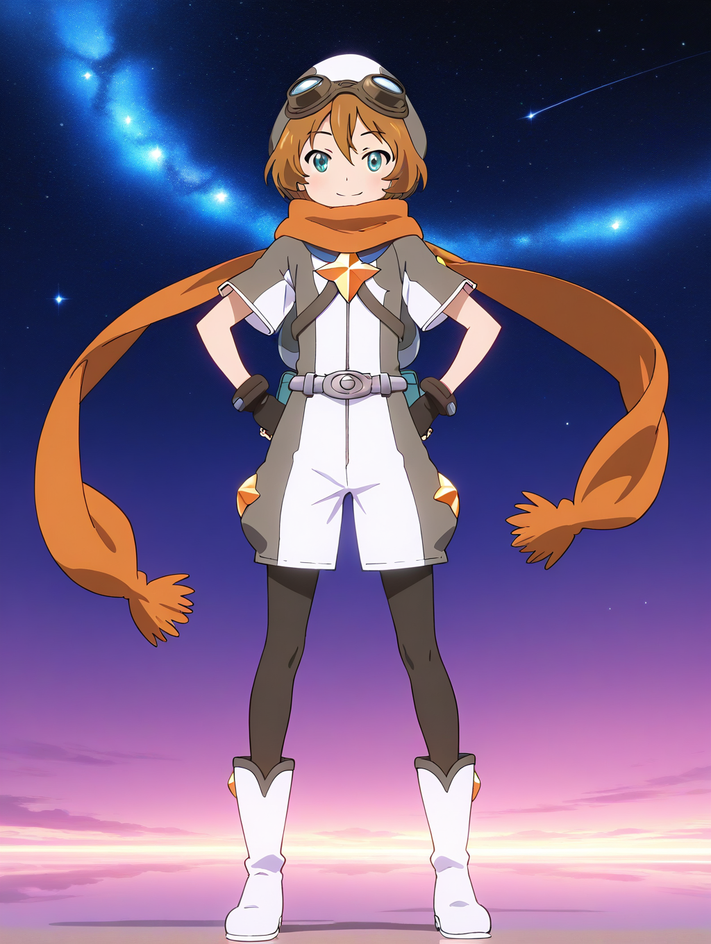 general,highres, ultra-detailed,very aesthetic,best quality ,best hands,  BREAK <lora:Elnath_Houkago_no_Pleiades_IS:1> Elnath(Pleiades), 1boy,solo, scarf, goggles, brown hair, goggles on head, short hair, aqua eyes, 
 1girl, solo, full body, gloves, boots, smile, pantyhose, shorts, looking at viewer, orange scarf, fingerless gloves, 
white footwear, short sleeves, star (symbol), black pantyhose, black gloves, standing, white shorts,
galaxy, sky,
