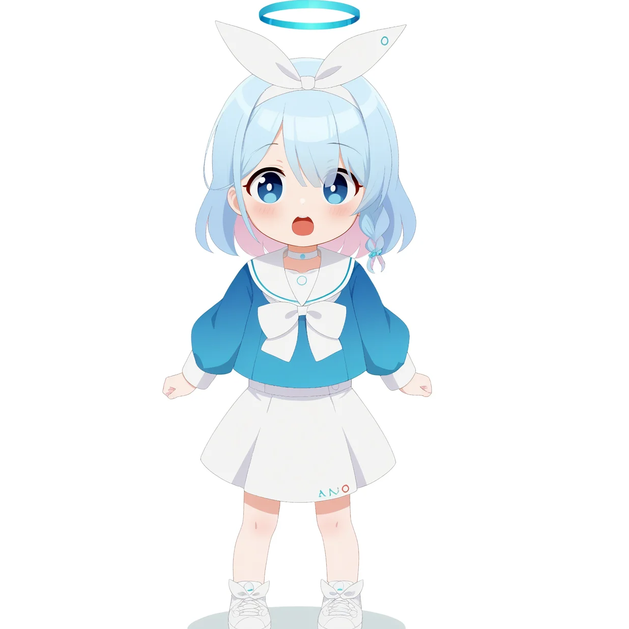 1girl,solo,(child:1.4),kawaii,enjoy,arona \(blue archive\),blue eyes, blue hair,braid,bow hairband,halo,choker,white sailor collar,white skirt,white sneakers, standing,looking at viewer,(white background:1.2),<lora:arona_blue archive_PONY_last:0.8>,