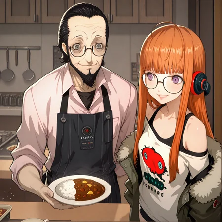 masterpiece,best quality,amazing quality,<lora:MoriiMee_Gothic_Niji_Style_Illustrious_r1:1>,<lora:soejima:1>,p5potrait,<lora:Sojiro_Sakura:1>,sojisaku,1boy,1girl,male focus,solo,grey eyes,glasses,black hair,forehead,hair pulled back,facial hair,beard,shirt,pink shirt,collared shirt,sleeves rolled up,apron,black apron,indoors,pants,bent foward,smile,standing,plate,holding plate,curry plate,
masterpiece,best quality,amazing quality,<lora:MoriiMee_Gothic_Niji_Style_Illustrious_r1:1>,<lora:soejima:1>,p5potrait,<lora:zs_FutabaXL:1>,1boy,1girl,female focus,futabadef,orange hair,long hair,blunt bangs,glasses,ahoge,purple eyes,behind-the-head headphones,white shirt,green fur-trimmed jacket,off shoulder jacket,black shorts,indoors,smile,
masterpiece,best quality,amazing quality,<lora:MoriiMee_Gothic_Niji_Style_Illustrious_r1:1>,<lora:soejima:1>,p5potrait,table,indoors,cup,curry,food,curry plate,food on table,
masterpiece,best quality,amazing quality,<lora:MoriiMee_Gothic_Niji_Style_Illustrious_r1:1>,<lora:soejima:1>,p5potrait,background,