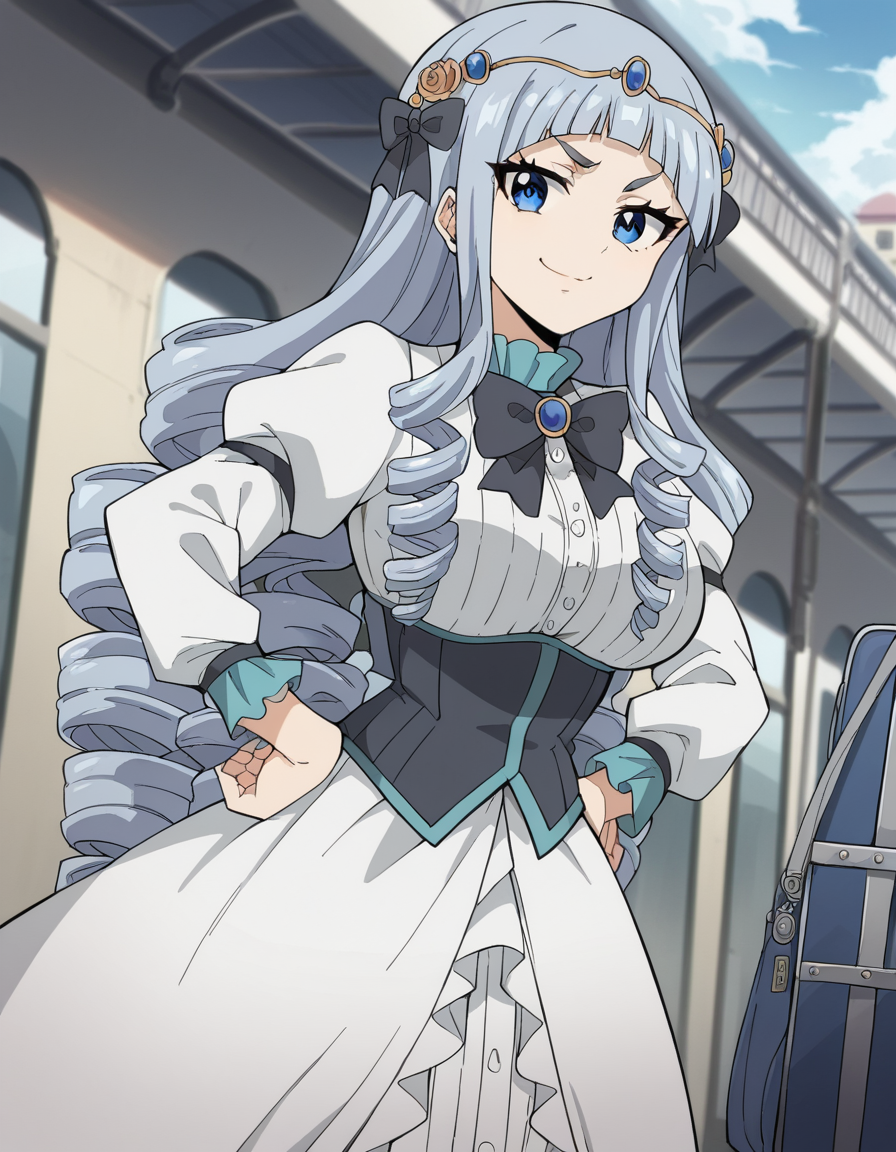 score_9, score_8_up, score_7_up, source_anime, <lora:fairy-tail-touka-100yq-ponyxl-lora-nochekaiser:1>, touka, long hair, bangs, blue eyes, grey hair, blunt bangs, tattoo, drill hair, large breasts, hair bow, circlet,, long sleeves, dress, bow, puffy sleeves, bowtie, white dress, black bow, juliet sleeves, black bowtie, train station, waiting for train, suitcase, traveling, commute, city skyline, hands behind back,, smile, looking at viewer, smug, hands on hips,, solo,, dutch angle,
