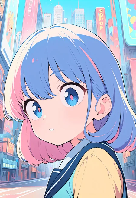 (masterpiece), (best quality), beautiful detailed eyes, (ultra-detailed), (finely detail), (highres), perfect anatomy, colorful, Pastel Colors, 1 pretty girl, (like city pop art), (city pop illustration:1.75), colorful pop art, 80's Japanese animation, anime, big eyes, slanted eyes, school uniform, 1980s,
