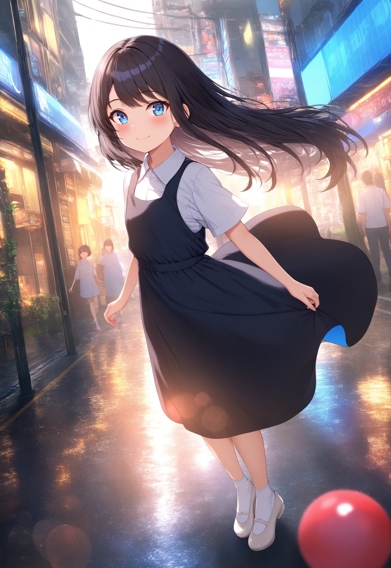 masterpiece, best quality,amazing quality,(1girl), solo,(depth of field),(solo focus),8K,HDR,(ultra high res),(highres),(full body),(lens flare),smile,blush,(black hair),(long hair),(blue eyes),(floating hair), sidelocks,(malaysian secondary school uniform),(pinafore dress),(black skirt),(black pinafore),(collared shirt),(white shirt),(short sleeves),(white socks),(short socks),(white footwear),(ballet flat),(outdoor),(cityspace),(city),(street),(lampost),(standing),(looking at viewer),child