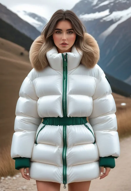 ((((sherpa puffer padded jacket)))), ((((sharpa puffer padded coat)))), ((((puffer skirt)))), ((((cowboy shot)))), ((((from back)))), standing, winter, snow, mountains, 1girl, solo, (masterpiece), (detailed face, detailed eyes), (beautiful detailed eyes:1.5), sidelighting, (super detail, hyper detail, intricate_details, detailed), looking at viewer, (semi realistic:1.6), very detailed face, (Blonde hair), (white hair), absurdly long hair, hair between eyes, (straight hair), (green eyes), put your hair behind your ears, eyelashs, eyeliner, (eye shadow:0.5), wet hair, sweat, white skin, Angry face, (blush), padded cuffs, padded collar, Thick padded cuffs, Thick padded collar, <lora:Collar-SDXL:0.6>, <lora:Cuffs-SDXL:0.6>, <lora:Puffer_Jacket_and_Down_Jacket_-_Extra_Puffy_Jackets:0.6>, <lora:puffer_skirt_v1:0.6>