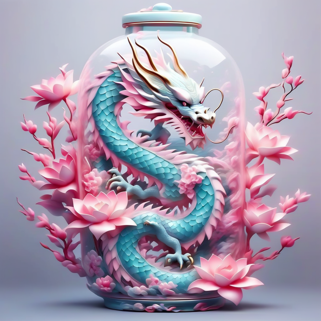 pink and light blue chinese dragon inside a big transparent bottle,flowers <lora:20240205_spring_dragon_checkpoint-4000:1.0>