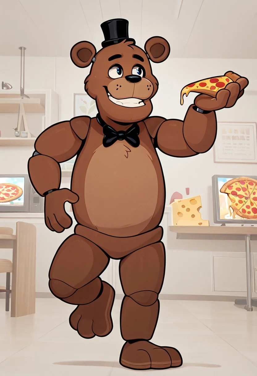 masterpiece, best quality, amazing quality, very aesthetic, absurdres, newest, detailed background,
cartoon, screencap,
freddyit, 1boy, black mini top hat, black bowtie, bear ears, joints, teeth, animatronic,
closed mouth, smile, teeth, holding pizza slice, dynamic pose, stretchy cheese,