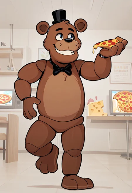 masterpiece, best quality, amazing quality, very aesthetic, absurdres, newest, detailed background,
cartoon, screencap, 
freddyit, 1boy, black mini top hat, black bowtie, bear ears, joints, teeth,  animatronic,
closed mouth, smile, teeth, holding pizza slice, dynamic pose, stretchy cheese,