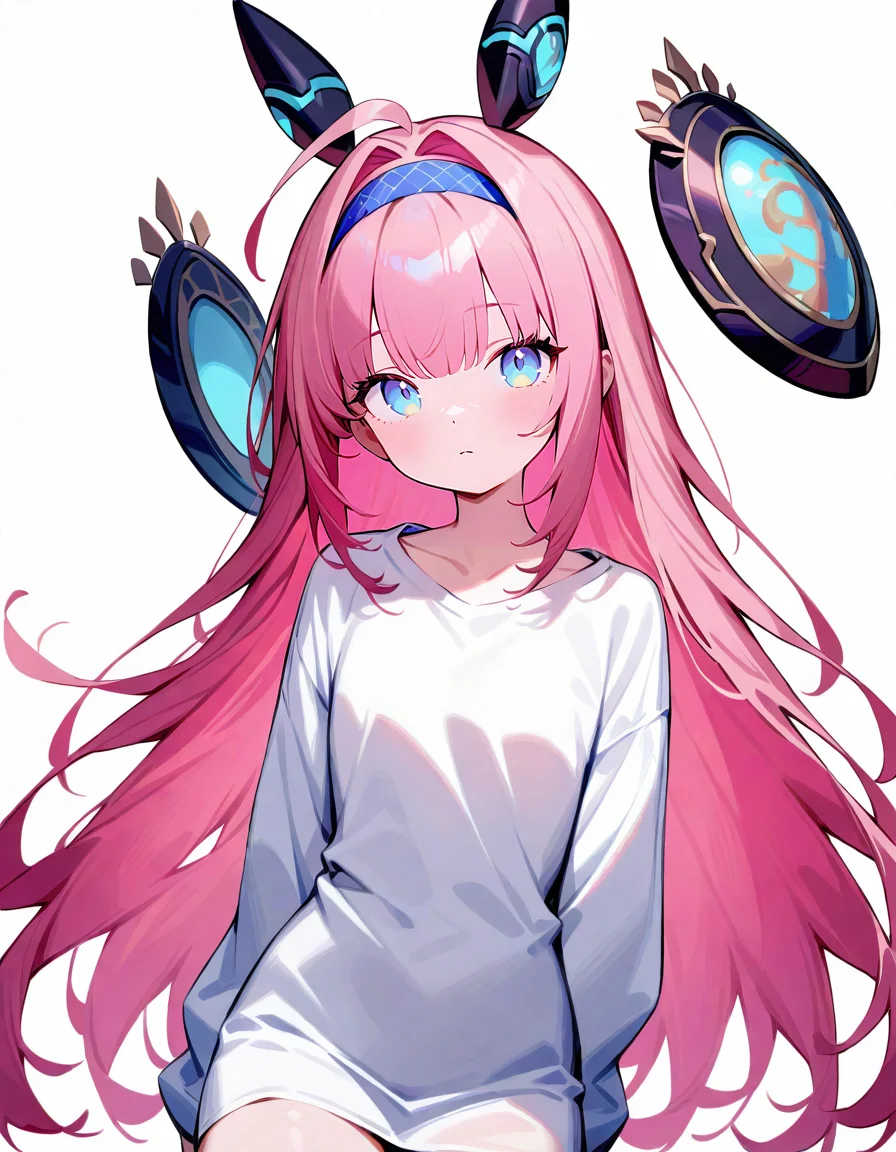 (1girl:1.2),<lora:Shadowverse:1>,(solo:1.2),simple background,lishenna\(shadowverse\),white background,looking at viewer,(white_shirt:1.2),expressionless,cowboy shot,blue eyes,long hair,very long hair,bangs,hairband,hair intakes,headgear,ahoge,pink hair,, masterpiece, best quality, very aesthetic, absurdres,newest, incredibly absurdres,