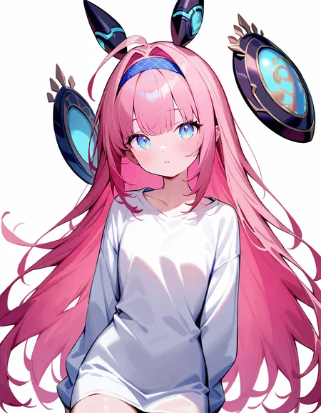 (1girl:1.2),<lora:Shadowverse:1>,(solo:1.2),simple background,lishenna\(shadowverse\),white background,looking at viewer,(white_shirt:1.2),expressionless,cowboy shot,blue eyes,long hair,very long hair,bangs,hairband,hair intakes,headgear,ahoge,pink hair,, masterpiece, best quality, very aesthetic, absurdres,newest, incredibly absurdres,