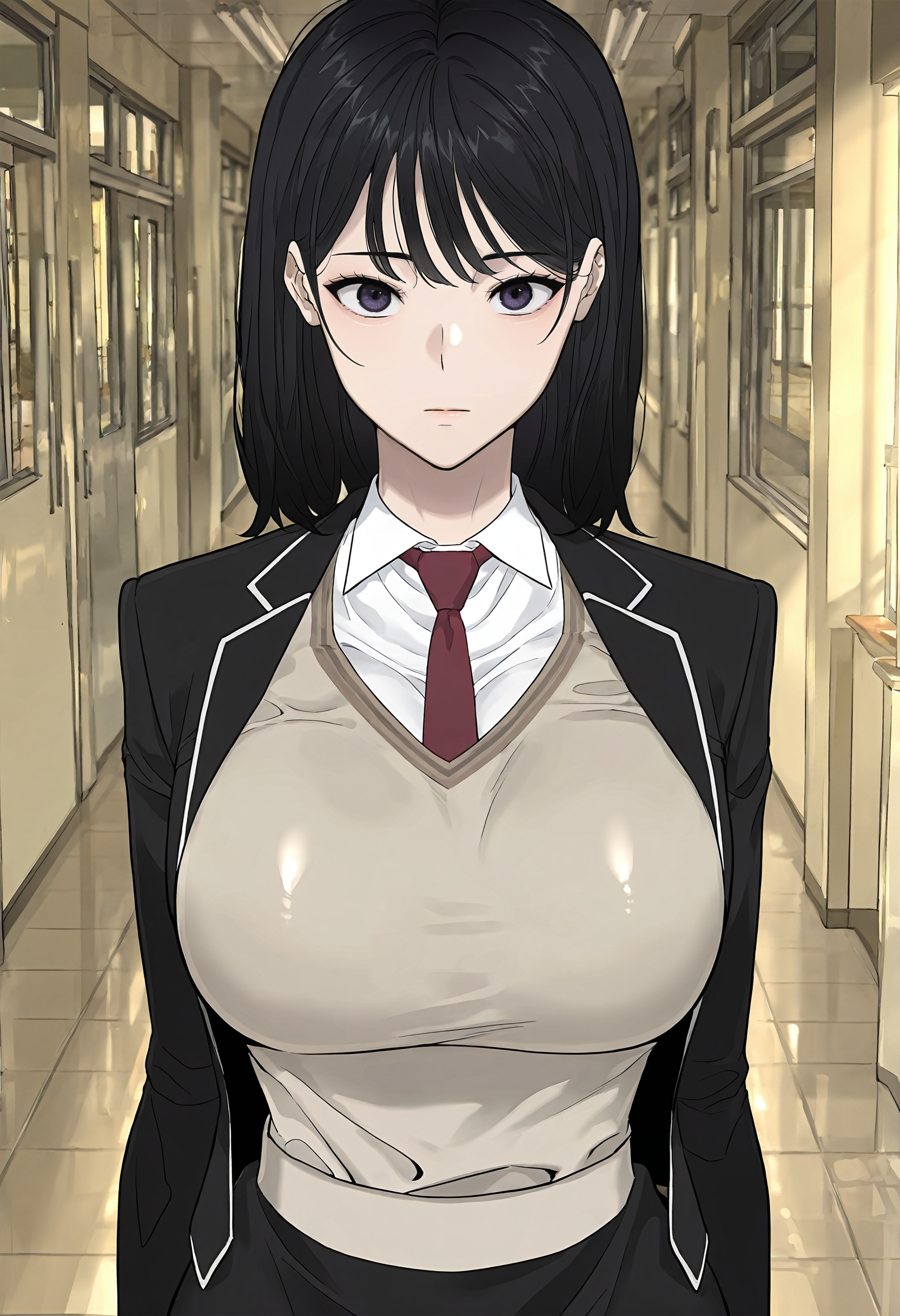 masterpiece, best quality, amazing quality, very aesthetic, absurdres, newest, scenery, 1girl, solo, huge breasts, <lora:Kim Dahyeon illustxl:0.9> black hair, black eyes, medium hair, purple eyes, school uniform, (black jacket:1.1), long sleeves, brown vest, white shirt, collared shirt, red necktie, pencil skirt, black skirt, school, hallway, inside, standing, afternoon, upper body, looking at viewer, shiny skin, anime coloring, anime screenshot, masterpiece, best quality, amazing quality, very aesthetic, absurdres, newest, scenery, volumetric lighting
