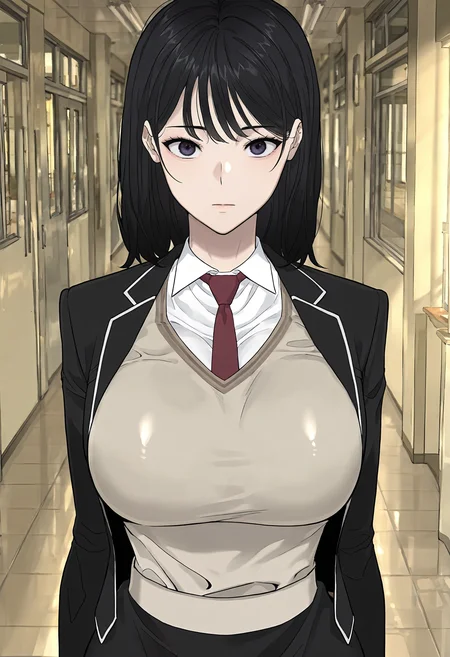 masterpiece, best quality, amazing quality, very aesthetic, absurdres, newest, scenery, 1girl, solo, huge breasts, <lora:Kim Dahyeon illustxl:0.9> black hair, black eyes, medium hair, purple eyes, school uniform, (black jacket:1.1), long sleeves, brown vest, white shirt, collared shirt, red necktie, pencil skirt, black skirt, school, hallway, inside, standing, afternoon, upper body, looking at viewer, shiny skin, anime coloring, anime screenshot, masterpiece, best quality, amazing quality, very aesthetic, absurdres, newest, scenery, volumetric lighting