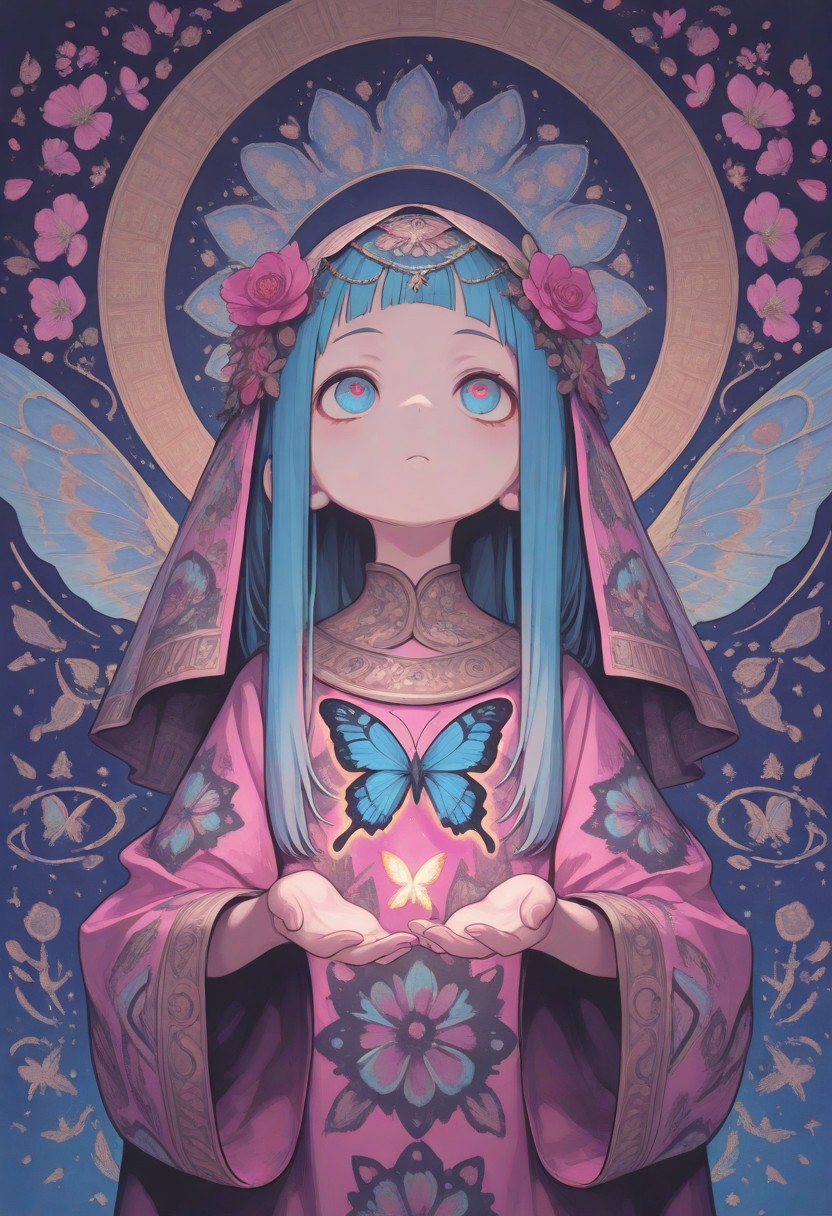 1 girl , solo , butterfly , head veil , dutch angel , dream of butterfly , absurd , strange , flower print , beautiful , majestic 
masterpiece, best quality ,amazing quality , in the style of Jeda, vibrant colors, iro_mugen_illu ,S4bit4mago_illu ,