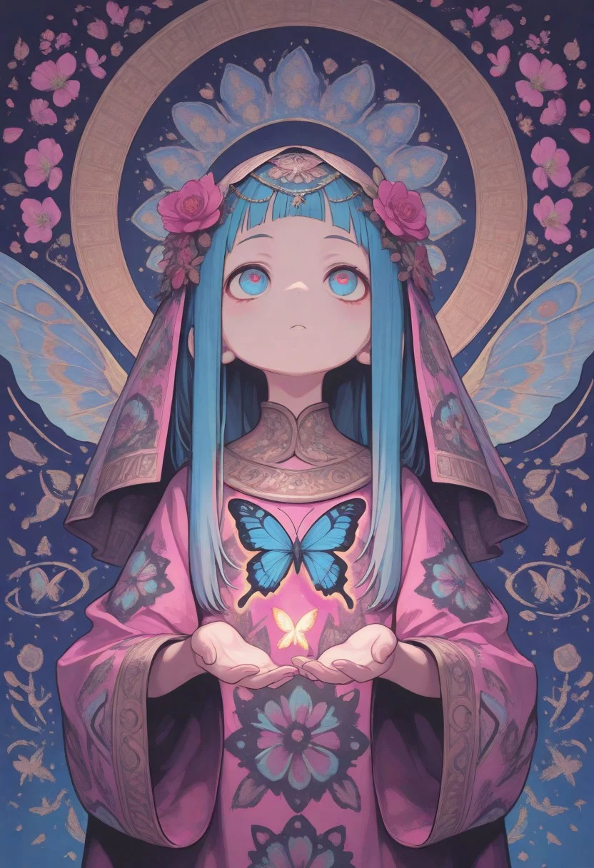1 girl , solo , butterfly , head veil , dutch angel , dream of butterfly , absurd , strange , flower print , beautiful , majestic 
masterpiece, best quality ,amazing quality , in the style of Jeda, vibrant colors, iro_mugen_illu ,S4bit4mago_illu ,