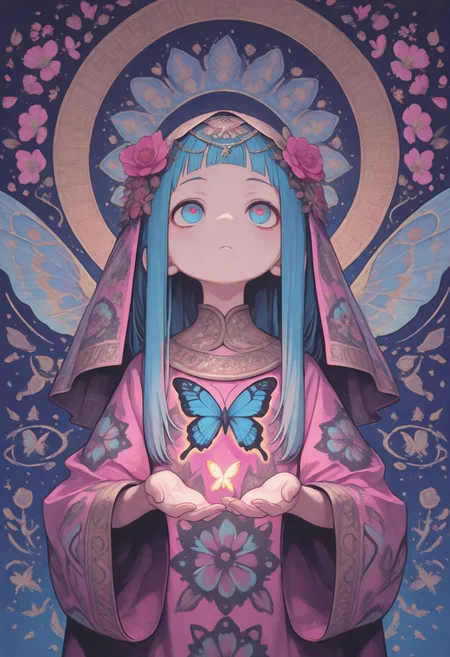 1 girl , solo , butterfly , head veil , dutch angel , dream of butterfly , absurd , strange , flower print , beautiful , majestic
masterpiece, best quality ,amazing quality , in the style of Jeda, vibrant colors, iro_mugen_illu ,S4bit4mago_illu ,