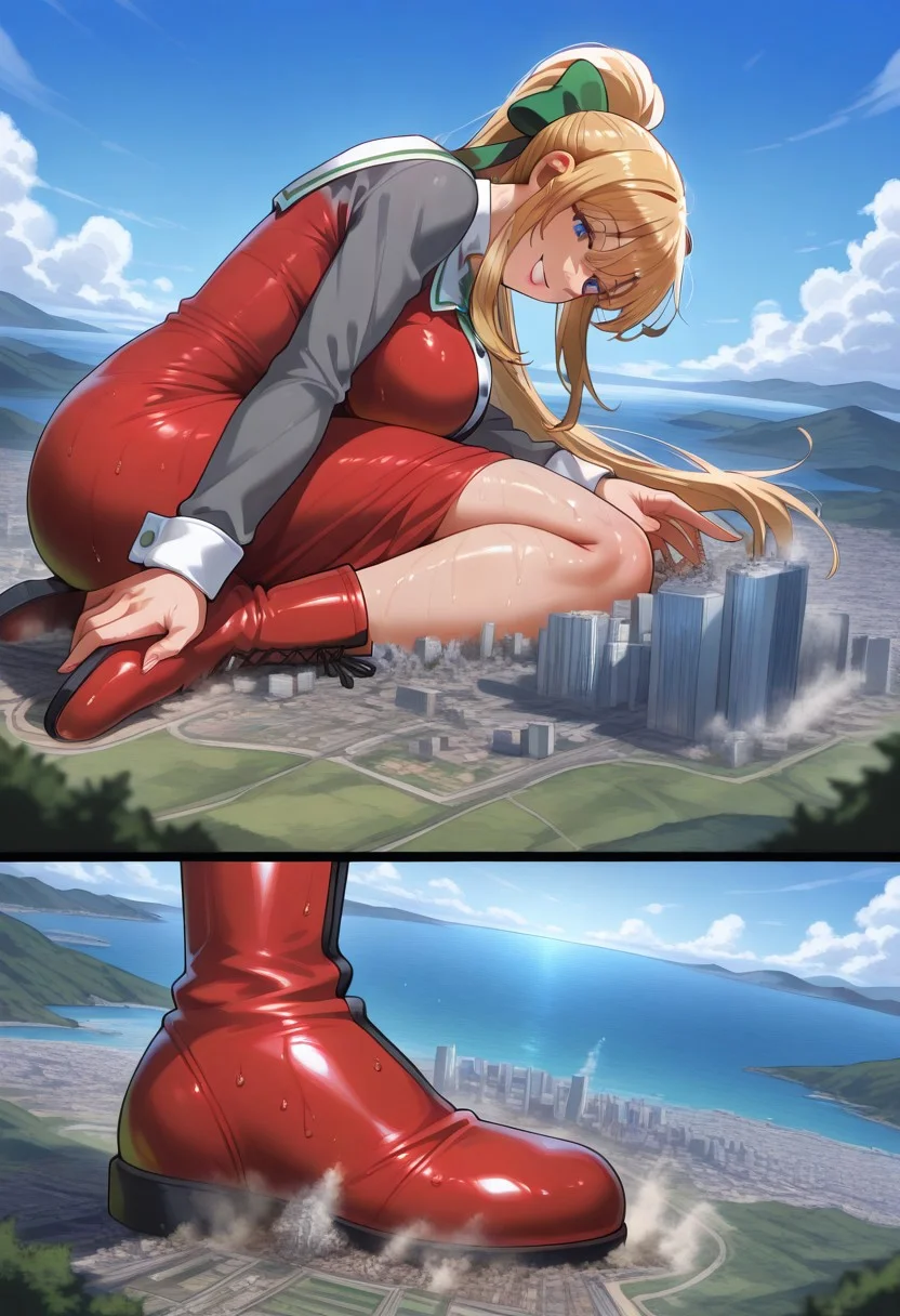 score_9, score_8_up, score_7_up,source_anime, 1girl, adult, women, giantess,, giga size, side view,(((((from side,from horizon,fullbody view,fullbody,Wide shot,long shot,Panorama,)))), , giantess, full body view, foreshortening, foreshortening, Giantess,, giantess, , best quality, absurdres, 1girl, solo,, leaning forward, presenting foot, foot fetish, naughty smile ,sitting,yokozuwari,wariza,hips,long hair,low horizon,looking down,eyelashes, longleg,middle breasts, (facial expression, happy, head tilt, soft eyes), dreamlike atmosphere, detailed eyes, high definition eyes, blurry foreground, giantess, masterpiece, best quality, absurdres, ultra detailed, dutch angle, cityscape, cloud, micro city,demolition, mountain, sea,
,milf,adult,tall,,milf,adult,tall,coverd breast,coverd boob,
frontview,outdoor,,,sweaty,cloud, ,score_9, score_8_up, uscore_7_up, 1girl, source_anime, shiny skin, wet, cery detailled, erotic background, erotic clothes, erotic face, source_anime, beautiful face, perfect face, sexy pink lips, cute face, Expressiveh, perfect sexy face, perfect milf face,
, manhwa, RollMvC, 1girl, blonde hair, ponytail, blue eyes, green ribbon, white collar with black buttons, red dress, long gray sleeves, white cuffs, red white boots, <lora:RollMvC:1>