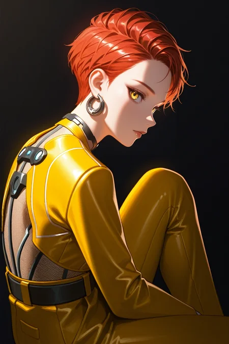 masterpiece, best quality, absurdres,
<lora:ILCyberAurore:0.8>
CyberAurore, 1girl, red hair, short hair, yellow eyes, loop earrings, looking at viewer, sitting, knee up, from the side, black background, back lighting