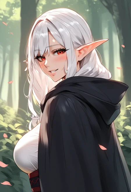 score_9, score_8_up, score_7_up, score_6_up, source_anime, <lora:CYR 0.1v:1>,
1girl, pointy ears, solo, red eyes, smile, elf, looking at viewer, white hair, petals, long hair, upper body, outdoors, cloak, forest, hood, blush, nature, hooded cloak, cape, shirt, hood down, parted lips, looking back, day, bangs, large breasts,