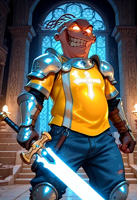 masterpiece, absurdres, highest quality, highly detailed, source_cartoon, 1boy, solo, eddyboy, sc4m, yellow shirt, blue jeans, paladin armor, glowing eyes, shoulder armor, holding broadsword, glowing sword, no helmet, holy light, three hairs, temple background, shiny armor, grinning detailed background, grimdark background, A3THER