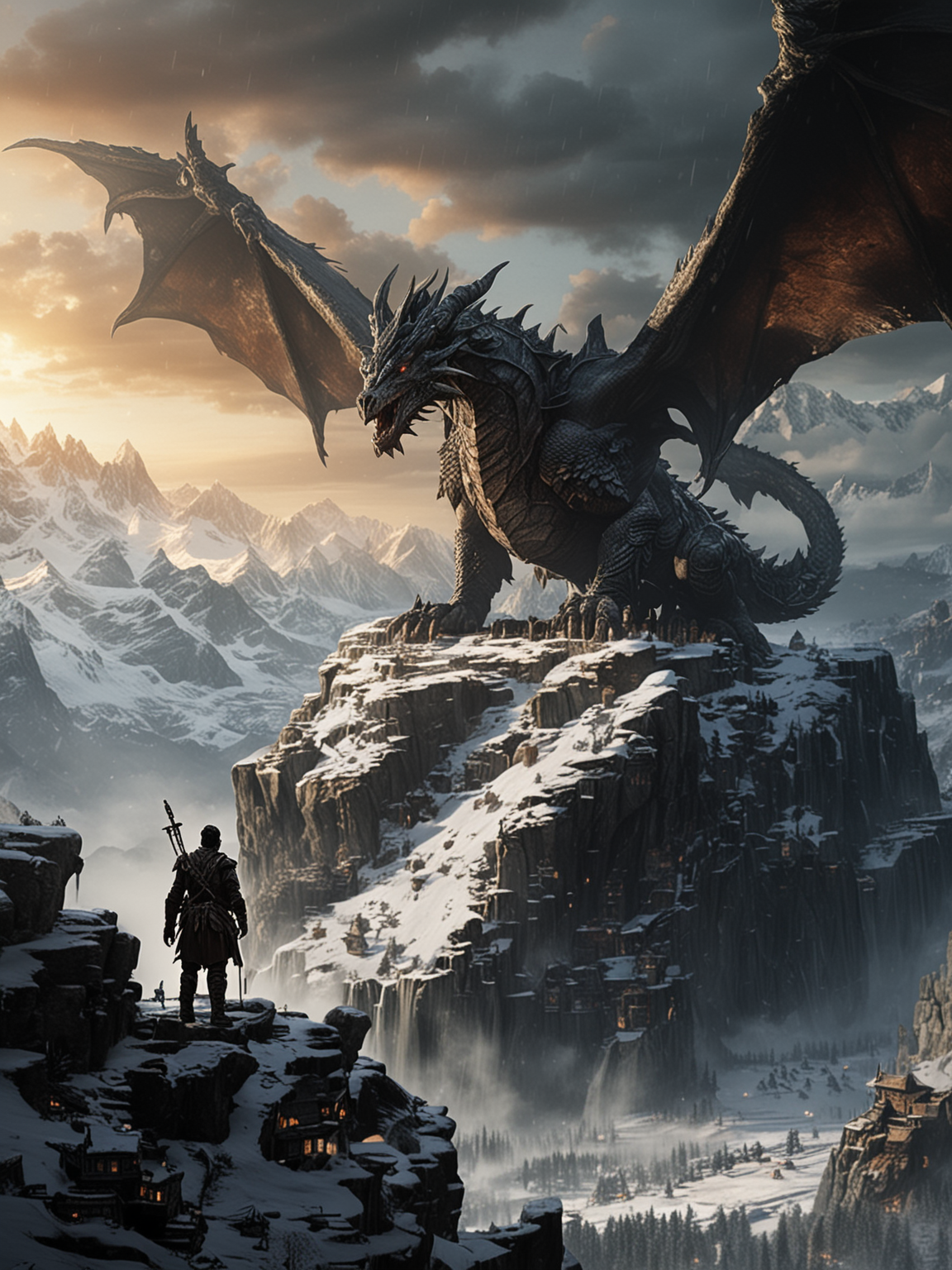 A cinematic masterpiece unfolds in the realm of Skyrim, where a brave warrior clad in leather armor and a horned helmet stands resolute. With two gleaming swords in hand, the warrior gazes up at the sky with determination etched upon their face.
Above, a dark and demonic dragon soars through the air in menacing circles, its shadow casting a foreboding presence over the snowpeaked mountains in the background. The village below bustles with life, each building and inhabitant intricately detailed, adding depth and richness to the scene.
The sky is filled with billowing clouds, creating a dramatic backdrop for the epic confrontation between the warrior and the dragon. The play of light and shadow adds a sense of adventure and mystery to the atmosphere, enhancing the overall cinematic feel of the composition.
Capture the essence of Skyrim's fantastical world with this image, infusing it with a sense of grandeur and danger that will captivate all who behold it. Let your creativity soar as you bring this epic scene to life, weaving together elements of fantasy, courage, and peril in a visual masterpiece that will leave viewers in awe.