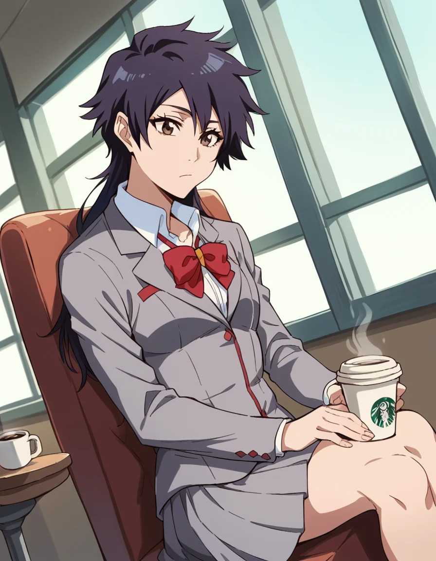 score_9, score_8_up, score_7_up, source_anime, <lora:tatsuki-arisawa-anime-ponyxl-lora-nochekaiser:1>, tatsuki, short hair, black hair, long hair, brown eyes,, skirt, bow, school uniform, jacket, blazer, red bow, long sleeves, grey blazer, grey skirt,, cafe, coffee cup, barista, sitting down, talking, relaxing, sunlight through window, , , elbow bent, hand on thigh, foot pointed, solo,, cowboy shot, dutch angle