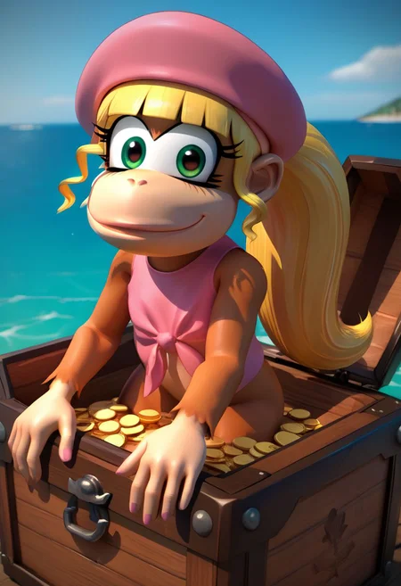 (source_furry, source_cartoon, score_9, score_8_up, score_7_up:1), solo female, dixie kong, looking at viewer, smile, holding a gold coin, ocean, boat, crates, treasure chest, 3d