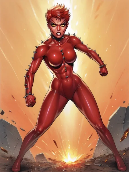 score_9, score_8_up, score_7_up, 1girl, fighting stance, fire around her, destruction, looking at viewer, full body, (dynamic pose:1.1), dynamic angle,
<lora:RachelSummer_character:0.8> RachelSummer, very short hair, yellow eyes, red hair, latex bodysuit, spikes, (facial mark:1.1), makeup, colored skin, red skin, angry, glowing, <lora:Artist_Style__Edithemad_NSFW_Pony:0.8> edithemad, pencil art,