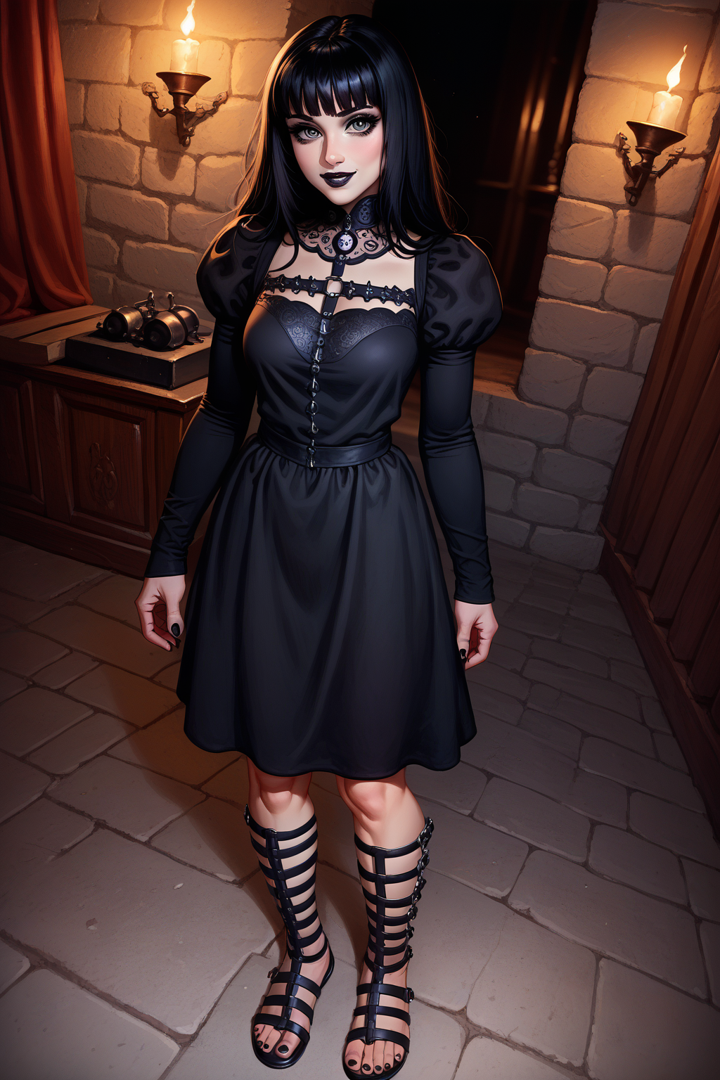 score_9, score_8_up, score_7_up, Western Comics, Full Body Shot, girl, gothic, cute, seductive, innocent, light smile:0.3, plump lips, slender body, pale skin, long straight black hair, bangs, black goth dress, medieval theme, fire in the fireplace background, depth of field, Gladiator Sandals, dynamic angle, fashion photography, sharp, hyperdetailed:1.15