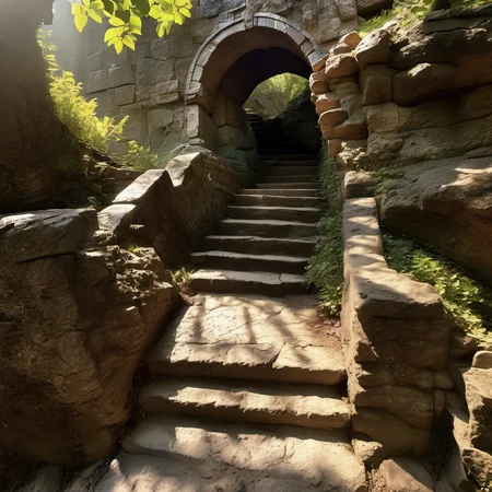 cinematic photo wide angle, staircase in atlantis, dim hallway, lush nature,  tree,  ancient bridge,  pbr texture sandstone, (masterpiece,best quality:1.6),Fearful, Contax G1/G2 Camera ,film camera, , cracked weathered,  torch light, fantasy setting, details
 <lora:sandstone-SDXL-m:1> . 35mm photograph, film, bokeh, professional, 4k, highly detailed