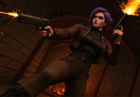 (kingpin, realistic, masterpiece, best quality, amazing quality, very aesthetic, absurdres, newest:1.4), sfw, n0m0, solo, 1girl, sabia, human, purple hair, red eyes, folded ponytail, brown worn out leather jacket with a big zipper, black turtleneck, brown pants with chains, black boots, intense close-up shot, 16:9 aspect ratio, holding handgun with both hands, firing, shooting, powerful motion blur, fierce determined expression, eyes focused, mouth slightly open in grit, dynamic cinematic angle, glowing embers, sparks flying, bokeh background, depth of field, blurred dungeon enemies in distance, epic impact frame, light streak from sword, highly detailed textures, strong light and shadow contrast, battle momentum, cool heroic framing, 3d rendering, <lora:KOD_dtv5r__for_Illustrious_v0.1__Adafactor:0.35>, <lora:dmd2_sdxl_4step_lora:1>, <lora:Kingpin_-_Life_of_Crime_Style_E17_DIM16_ILXL_V1.2:1>