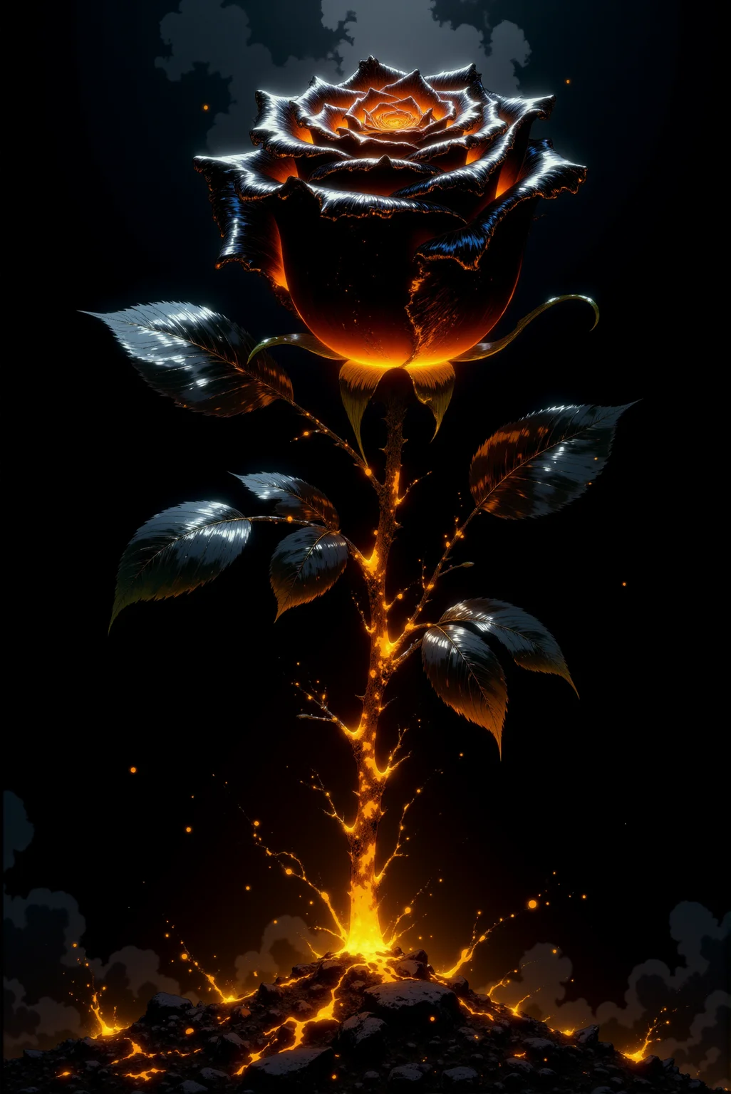 <lora:DGLO_style_v.7:0.75> DGLO style.
A single, majestic black rose dominates the scene, its velvety petals laced with glowing embers of fiery orange and molten gold. Delicate veins of lava-like light run through the deep black leaves and stems, radiating heat and an aura of mystery. The background fades into shadows with faint wisps of smoke curling around the rose, blending into intricate patterns of dark vines and ash. This supernatural flower exudes an ominous beauty, as though it has risen from the depths of a volcanic abyss.