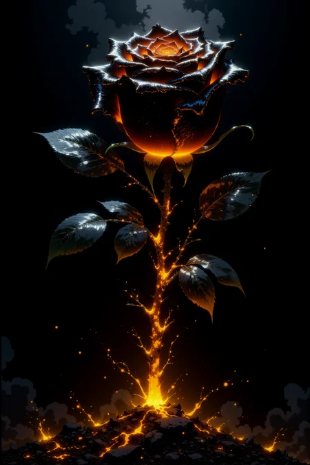 <lora:DGLO_style_v.7:0.75> DGLO style.
A single, majestic black rose dominates the scene, its velvety petals laced with glowing embers of fiery orange and molten gold. Delicate veins of lava-like light run through the deep black leaves and stems, radiating heat and an aura of mystery. The background fades into shadows with faint wisps of smoke curling around the rose, blending into intricate patterns of dark vines and ash. This supernatural flower exudes an ominous beauty, as though it has risen from the depths of a volcanic abyss.