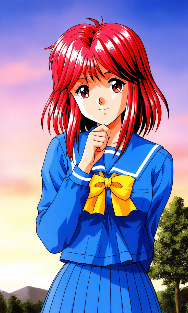 general,highres, ultra-detailed,very aesthetic,best quality ,best hands, BREAK <lora:Asahina_Yuko_Tokimeki_Memorial_IS:1>
Asahina_Yuko(Tokimeki_Memorial), 1girl, solo, red hair, medium hair, red eyes, bangs, sidelocks, breasts, 
school uniform, blue serafuku, blue skirt, Yellow bow, sailor collar, blue sailor collar, smile, long sleeves, pleated skirt, hand on own chin, 
outdoor, tree, sky,