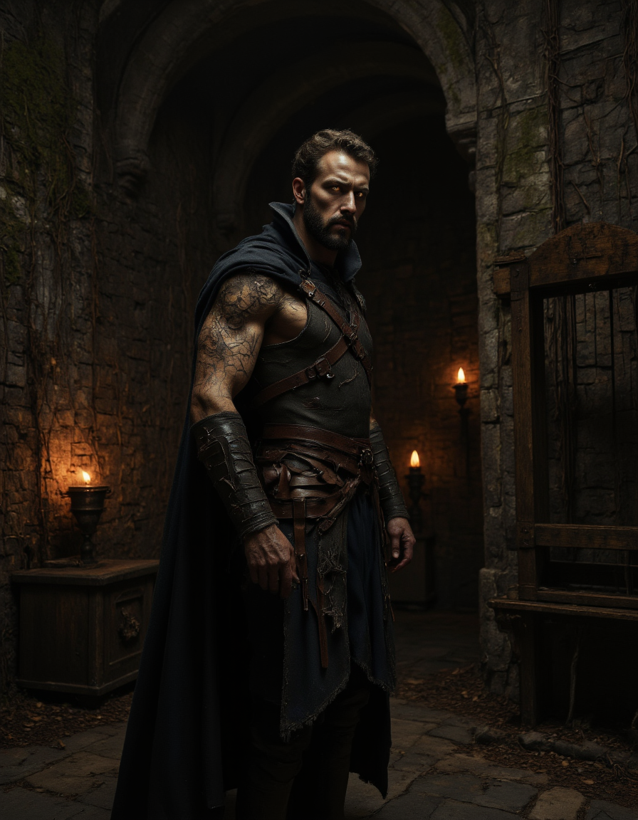 <lora:{moody, }Moody-000019:0.85> moody, A hauntingly realistic image of a dark, damp dungeon, set in a long-abandoned castle, with cold, grey stone walls covered in moss and vines, and a low, vaulted ceiling that seems to press down upon the space. The main subject is a figure of a tall, imposing man with a rugged, weathered complexion, a strong jawline, and piercing brown eyes that seem to burn with a deep-seated hatred. His dark hair is unkempt and falls to his shoulders, and he has a thick, black beard that reaches down to his chest. He wears a tattered, black cloak with a hood that casts a shadow over his face, and his muscular build is evident even under the worn, leather armor that covers his torso. His expression is one of intense anger, his eyes blazing with a fierce inner fire, and his mouth set in a grim, determined line. The lighting is dim, with only a few flickering torches set into the walls to illuminate the space, casting eerie, dancing shadows on the stone floor. The atmosphere is heavy with malevolence, and the air seems to vibrate with tension. In the background, the blurred shapes of rusted iron bars, old wooden torture racks, and other instruments of torment hint at the dark history of the dungeon. The shot is a wide-angle, cinematic view, with a shallow depth of field that focuses sharply on the man while softly blurring the background, and a hint of grain and texture that adds to the overall sense of realism. The image is rendered in exquisite, 4k detail, with every stone, every rust spot, and every thread of the man's cloak visible in stark, photorealistic clarity. The overall mood is one of dark, foreboding menace, and the image seems to pulse with a deep, abiding sense of hatred and malevolence. 8k highest resolution with sharp intricate details. Hyperrealistic, detailed, and vivid. . 35mm photograph, film, bokeh, professional, 4k, highly detailed
