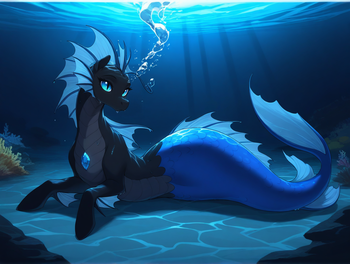 high quality, best quality, masterpiece, highres, very aesthetic, absurdres, <lora:NSFWFilter_illusXL_Incrs_v1:-.5>, lying, on side, straight-on, facing viewer, 
female, <lora:EqG_Siren-Hippocampus_Illustrious:.7> hippocampus, siren, merpony, blue eyes, slit pupils, feral, no humans, pitch black skin, fins, head frill, gem, mermaid tail, underwater, wet skin
, inside, at a gym