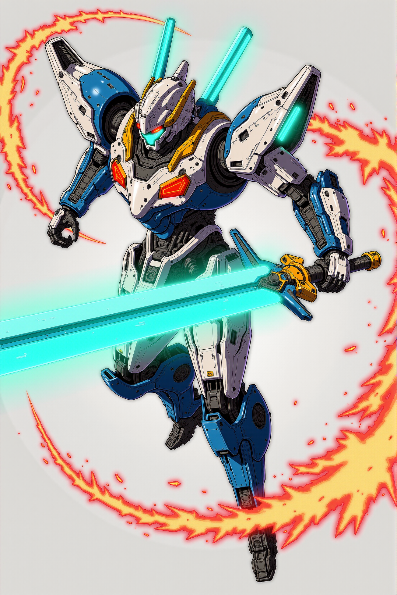 <lora:Mecha_Anime_style_v.1:0.8> A radiant, high-energy mecha bursts forward with dynamic angular momentum, wielding an oversized, translucent aqua-colored energy sword that pulses with embedded circuitry and crystalline facets. Its armor gleams with a layered triadic palette of icy blues, rich golds, and polished whites, accented by vibrant orange highlights and glowing cyan elements along joints and optics. The figure is caught mid-lunge, encircled by stylized, flaming red-orange energy trails rendered in smooth, flowing arcs with glimmering particle effects, amplifying the sensation of speed and power. The background is stark and minimalistic, allowing the saturated cel-shaded style and exaggerated heroic pose to dominate the composition with anime-inspired brilliance and technical flair.