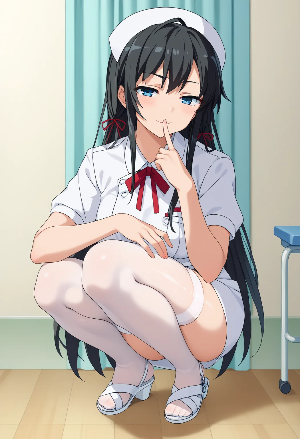 score_9, score_8_up, score_7_up, source_anime,
BREAK
1girl, solo,
<lora:shiYukinoV2:1> shiyukino, black hair, long hair, blue eyes, hair ribbon, red ribbon, neck ribbon,
nurse cap, nurse,
<lora:shiNurseSandalsV1:1>, shinursesandals, white thighhighs, skindentation, shiny skin, shiny clothes, white footwear,
indoors,
looking at viewer, squatting, finger to mouth, aroused, blush, smug, seductive smile, half-closed eyes,