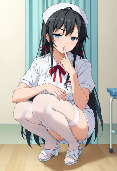 score_9, score_8_up, score_7_up, source_anime,
BREAK
1girl, solo,
<lora:shiYukinoV2:1> shiyukino, black hair, long hair, blue eyes, hair ribbon, red ribbon, neck ribbon,
nurse cap, nurse,
<lora:shiNurseSandalsV1:1>, shinursesandals, white thighhighs, skindentation, shiny skin, shiny clothes, white footwear,
indoors,
looking at viewer, squatting, finger to mouth, aroused, blush, smug, seductive smile, half-closed eyes,