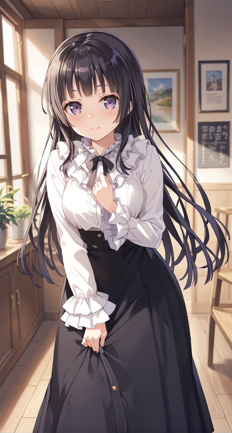 score_9,score_8_up,score_7_up,
official art,official style,game cg,megami magazine,
uncensored,
1girl,
bang dream!,
shirokane rinko,
srknrnkcasual,black hair,very long hair,black ribbon,black skirt,blunt bangs,long skirt,white shirt,
frilled shirt collar,frilled sleeves,frills,high-waist skirt,hime cut,neck ribbon,purple eyes,
<lora:band_dream_shirokane_rinko_pony:1>,