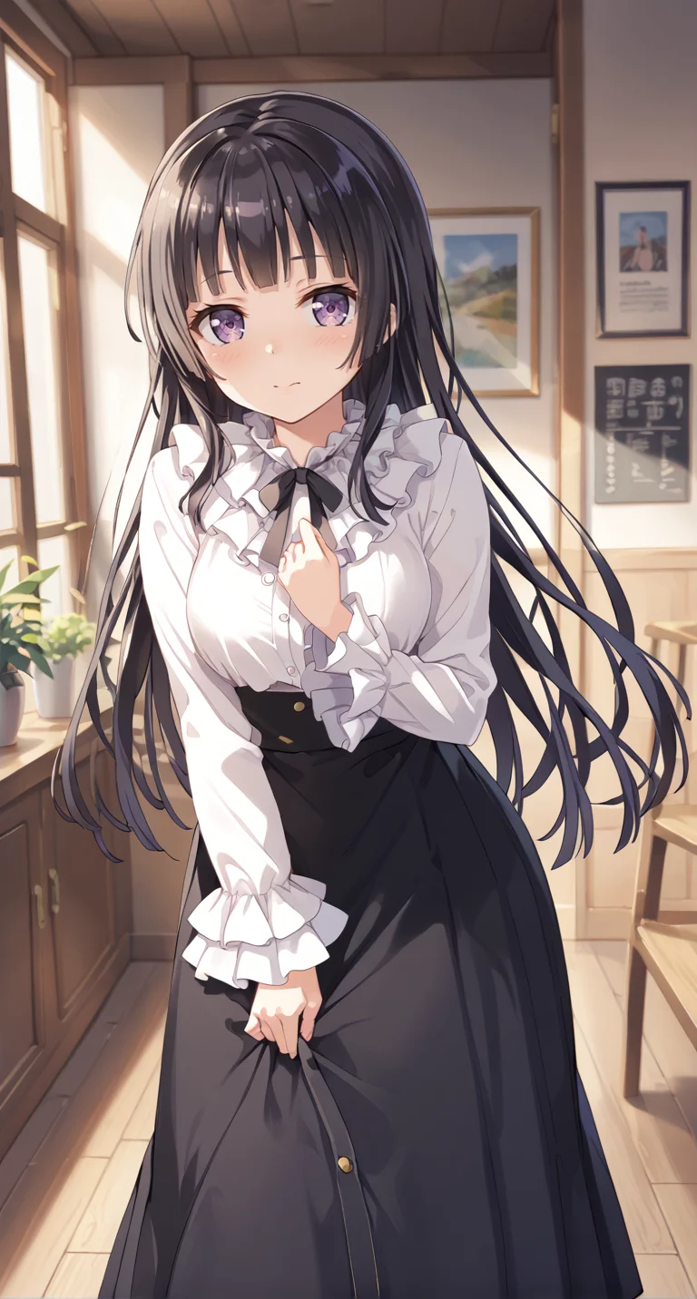score_9,score_8_up,score_7_up,
official art,official style,game cg,megami magazine,
uncensored,
1girl,
bang dream!,
shirokane rinko,
srknrnkcasual,black hair,very long hair,black ribbon,black skirt,blunt bangs,long skirt,white shirt,
frilled shirt collar,frilled sleeves,frills,high-waist skirt,hime cut,neck ribbon,purple eyes,
<lora:band_dream_shirokane_rinko_pony:1>,