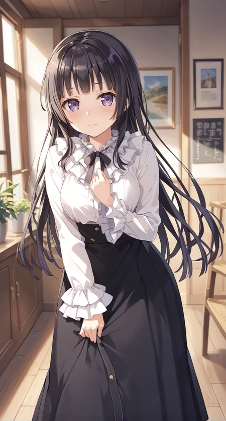 score_9,score_8_up,score_7_up,
official art,official style,game cg,megami magazine,
uncensored,
1girl,
bang dream!,
shirokane rinko,
srknrnkcasual,black hair,very long hair,black ribbon,black skirt,blunt bangs,long skirt,white shirt,
frilled shirt collar,frilled sleeves,frills,high-waist skirt,hime cut,neck ribbon,purple eyes,
<lora:band_dream_shirokane_rinko_pony:1>,