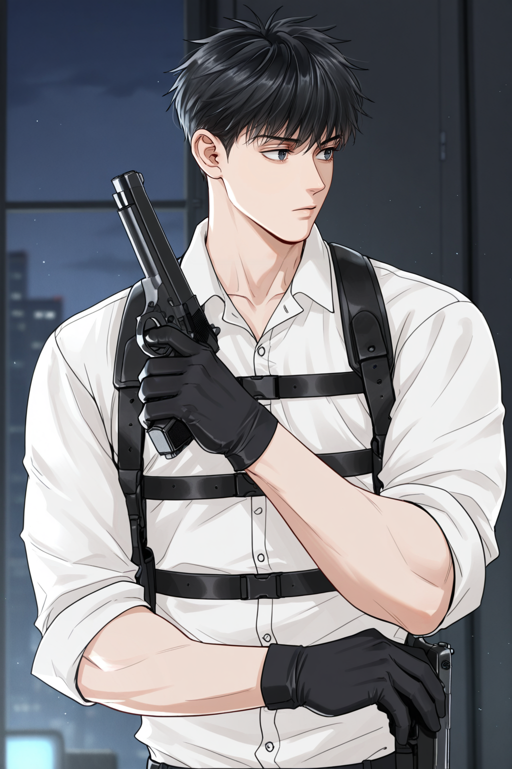 <lora:STS-IL:0.9>,wuyv,black hair,black eyes,short hair,white shirt,chest harness,looking to the side,holding gun,handgun,black gloves,1boy,solo,bara,male focus,very awa,masterpiece,best quality,amazing quality,nsfw,uncersored,highres,best quality,amazing quality,best aesthetic,absurdres,