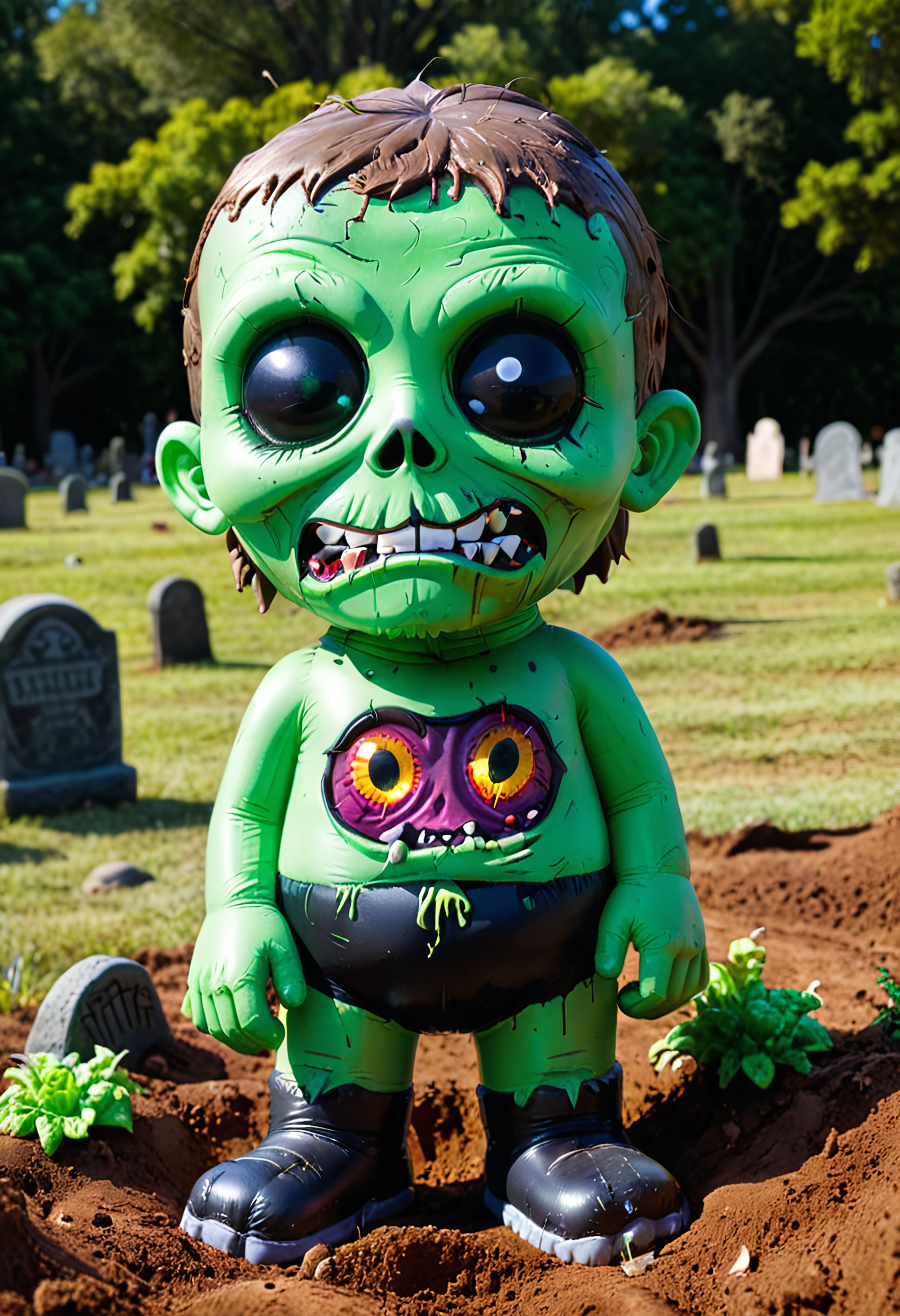 shnywrld, inflatable, creepy cute, colorful, a (shnywrld zombie), brightly colored in shades of green, cartoonish, emerging from the dirt, tombstone background.  <lora:shinyworld:.8>  <lora:zavy-cntrst-sdxl:.8> dark, chiaroscuro, low-key <lora:xl_more_art-full_v1:.8>