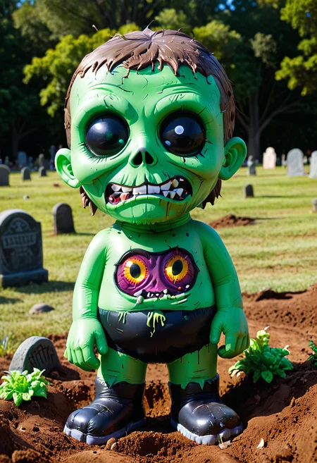 shnywrld, inflatable, creepy cute, colorful, a (shnywrld zombie), brightly colored in shades of green, cartoonish, emerging from the dirt, tombstone background. <lora:shinyworld:.8> <lora:zavy-cntrst-sdxl:.8> dark, chiaroscuro, low-key <lora:xl_more_art-full_v1:.8>
