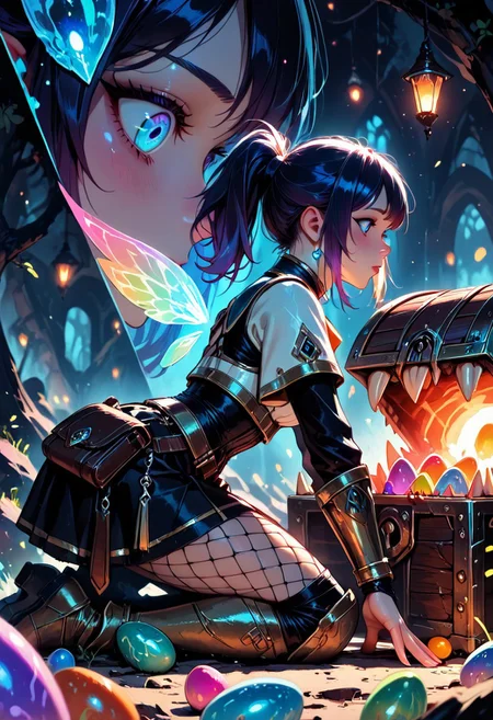 (masterpiece), (best quality), 8k, 1girl, fantasy adventurer girl, mesmerized, oblivious, cute treasure chest, cute Mimic, easter eggs, Cute Mimic chest, Kneeling down, opening chest, whimsical dungeon interior, glowing magical torches, scattered loot around, soft warm lighting, stylized fantasy armor, fishnets, leather satchel, short cloak, colorful atmosphere, ponytail hair, playful fantasy mood, cinematic lighting, semi-realistic style, detailed environment, magical sparkles in the air,
Close up,  from the side,